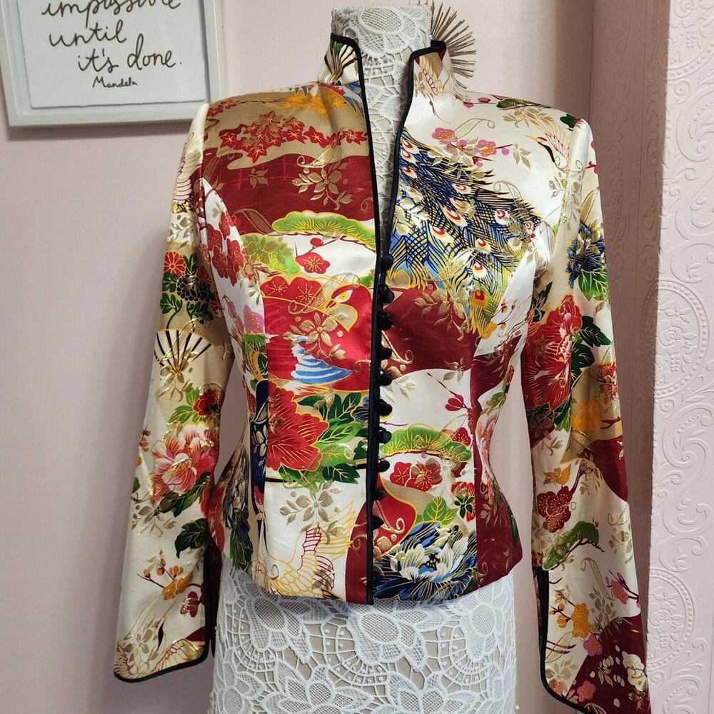 Asian inspired JS Collection jacket colorful w gold metallic accent love 10